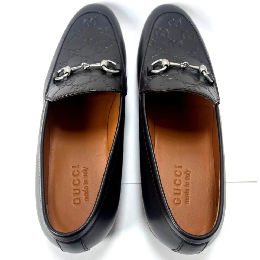 Gucci GG Debossed Leather Men Loafers Horsebit Cocoa Brown Dress Shoes Size IT9